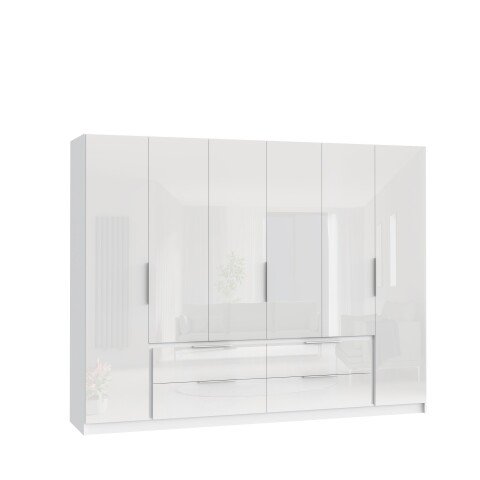 Drehtürenschrank >LUANO< 4 Schubladen, 6 Türen, Weiss / Weiss Glanz - 269,7x210,5x60cm (BxHxT)