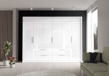 Drehtürenschrank >LUANO< 4 Schubladen, 6 Türen, Weiss / Weiss Glanz - 269,7x210,5x60cm (BxHxT)