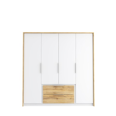 Drehtürenschrank >LUANO< 2 Schubladen, 4 Türen, Weiss / Bartex Eiche - 204,8x212,7x62,1cm BxHxT
