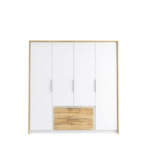 Drehtürenschrank >LUANO< 2 Schubladen, 4 Türen, Weiss / Bartex Eiche - 204,8x212,7x62,1cm BxHxT