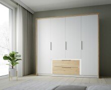 Drehtürenschrank >LUANO< 2 Schubladen, 4 Türen, Weiss / Bartex Eiche - 204,8x212,7x62,1cm BxHxT