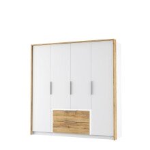 Drehtürenschrank >LUANO< 2 Schubladen, 4 Türen, Weiss / Bartex Eiche - 204,8x212,7x62,1cm BxHxT