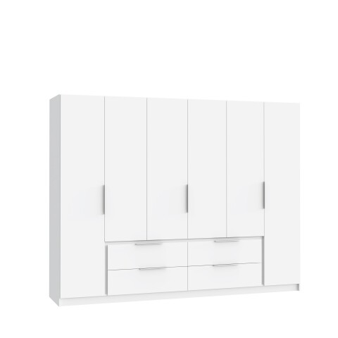 Drehtürenschrank >LUANO< 4 Schubladen, 6 Türen, Weiss - 269,7x210,5x60cm (BxHxT)