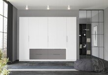 Drehtürenschrank >LUANO< 4 Schubladen, 6 Türen, Wolfram Grau / Weiss - 269,7x210,5x60cm (BxHxT)