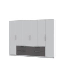 Drehtürenschrank >LUANO< 4 Schubladen, 6 Türen, Wolfram Grau / Weiss - 269,7x210,5x60cm (BxHxT)