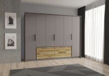 Drehtürenschrank >LUANO< 4 Schubladen, 6 Türen, Weiss / Wolfram Grau - 269,7x210,5x60cm (BxHxT)