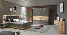 Bettgestell >RICCIANO< Liegefl. 180x200cm, Stabeiche / Betonoptik - 296,5x120x209,9cm (B/H/T)