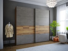 Schwebetürenschrank >RICCIANO< 2 Böden, 2 Stangen, Stabeiche/ Dunkelgrau - 220,1x210,5x61,2cm (B/H/T)