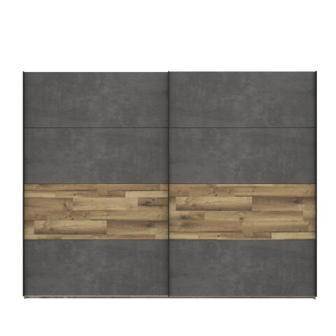 Schwebetürenschrank >RICCIANO< 3 Böden, 3 Stangen, Stabeiche/ Betonoptik - 269,9x210,5x61,2cm (B/H/T)