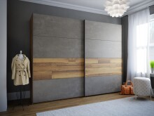Schwebetürenschrank >RICCIANO< 3 Böden, 3 Stangen, Stabeiche/ Betonoptik - 269,9x210,5x61,2cm (B/H/T)