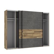 Schwebetürenschrank >RICCIANO< 3 Böden, 3 Stangen, Stabeiche/ Betonoptik - 269,9x210,5x61,2cm (B/H/T)