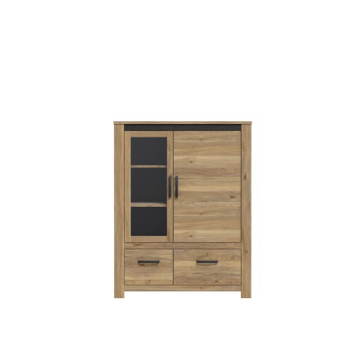 Stauraumvitrine >SAN CAYETANO< 2 Türen, 2 Schübe, Mauvella Eiche - 111,7x143,7x42,2cm (B/H/T)