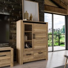 Stauraumvitrine >SAN CAYETANO< 2 Türen, 2 Schübe, Mauvella Eiche - 111,7x143,7x42,2cm (B/H/T)