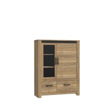 Stauraumvitrine >SAN CAYETANO< 2 Türen, 2 Schübe, Mauvella Eiche - 111,7x143,7x42,2cm (B/H/T)