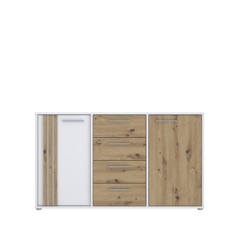 Sideboard >CARDIGAN<  2 Türen, 4 Schübe, Weiss / Artisan Eiche  - 142,6x82,3x34,3cm (BxHxT)