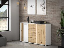 Sideboard >CARDIGAN<  2 Türen, 4 Schübe, Weiss / Artisan Eiche  - 142,6x82,3x34,3cm (BxHxT)