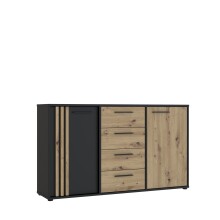 Sideboard >CARDIGAN< 2 Türen, 4 Schübe, Artisan Eiche / Schwarz - 142,6x82,3x34,3cm (BxHxT)