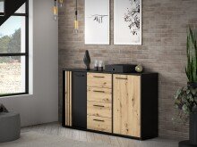 Sideboard >CARDIGAN< 2 Türen, 4 Schübe, Artisan Eiche / Schwarz - 142,6x82,3x34,3cm (BxHxT)