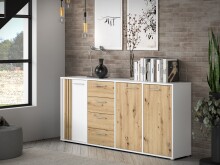 Sideboard >CARDIGAN< 3 Türen, 4 Schübe, Weiss / Artisan Eiche - 179,4x82,3x34,3cm (BxHxT)