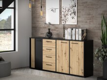 Sideboard >CARDIGAN< 3 Türen, 4 Schübe, Artisan Eiche / schwarz - 179,4x82,3x34,3cm (BxHxT)