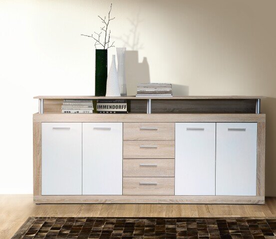 Sideboard >CAVA< 4 Türen, 4 Schübe, Sonoma Eiche / Weiss - 197,5x94,4x36,3cm (BxHxT)