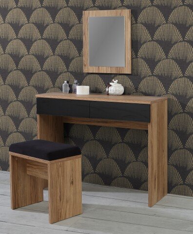 Schminktisch >DALATE< (3-teilig) Catania Eiche / Schwarz  - 190,3x182,6x73,1cm (BxHxT)
