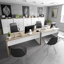 Eckschreibtisch >OFFICE< 3 Schübe, Canadian Eiche Dekor / Artik Weiß - 145x73x102 (BxHxT)