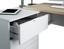 Eckschreibtisch >OFFICE< 3 Schübe, Canadian Eiche Dekor / Artik Weiß - 145x73x102 (BxHxT)