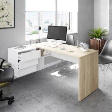 Eckschreibtisch >OFFICE< 3 Schübe, Canadian Eiche Dekor / Artik Weiß - 145x73x102 (BxHxT)