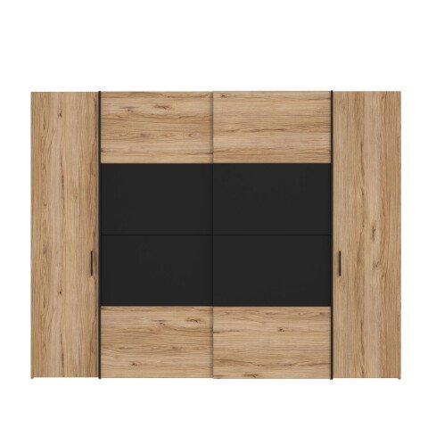 Dreh-/Schwebetürenschrank >DALATE< 4 Türen, in Catania Eiche / Schwarz - 270,3x210x61,2cm (BxHxT)