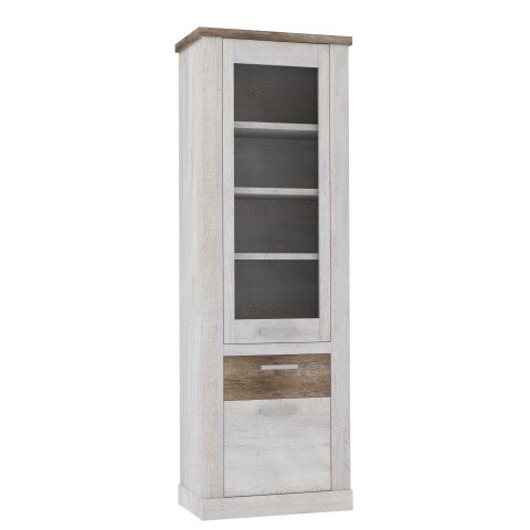 Vitrine >DURO< 1 Tür, 1 Schub, Pinie Weiss/ Eiche Antik Dekor - 71,4x212x41,3cm BxHxT