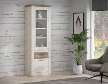 Vitrine >DURO< 1 Tür, 1 Schub, Pinie Weiss/ Eiche Antik Dekor - 71,4x212x41,3cm BxHxT