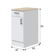 Waschmaschinenunterschrank >KIRA< in Weiß glänzend (Front)/Canadian Eiche (Arbeitsplatte)/Mattweiß (Seiten, Innenseite und Sockelleiste)