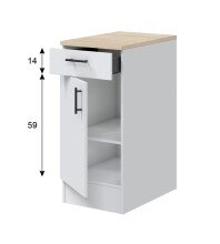 Waschmaschinenunterschrank >KIRA< in Weiß glänzend (Front)/Canadian Eiche (Arbeitsplatte)/Mattweiß (Seiten, Innenseite und Sockelleiste)