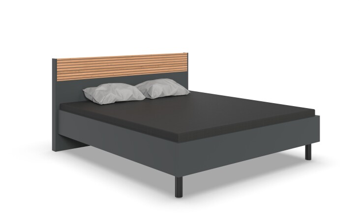 Bett >Rotterdam< Liegefl. 180x200cm, Graphit, Lamelle Eiche Dekor - 189x95x210cm B/H/T