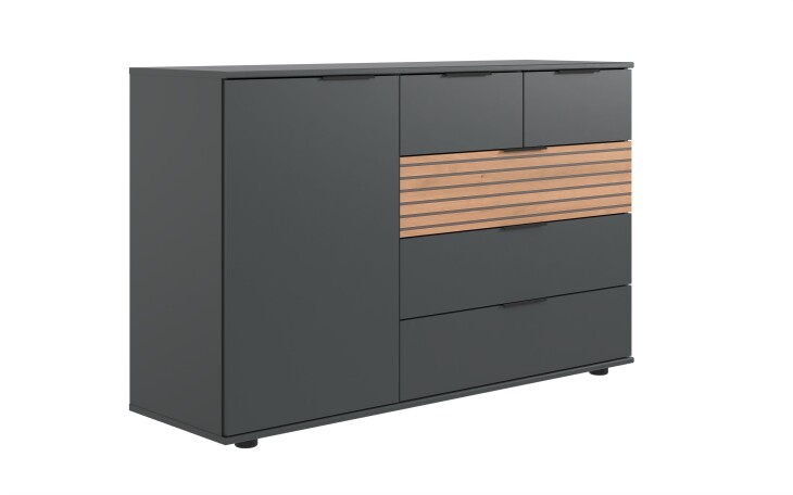 Kombikommode >Rotterdam< 1 Tür, 5 Schübe, Graphit, Eiche-Lamellen-Dekor - 130x83x41cm (B/H/T)