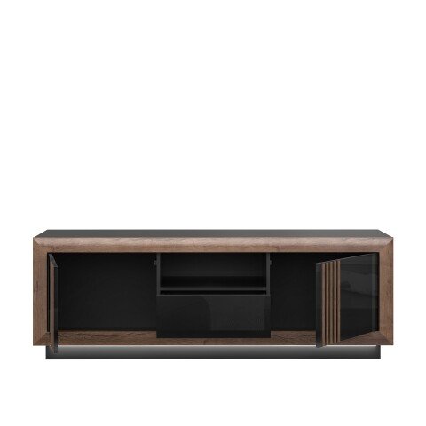 Lowboard >SAVONA< 2 Türen, Schlameiche / Schwarz Glanz - 162,7x56,2x42,3cm (B/H/T)