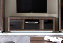 Lowboard >SAVONA< 2 Türen, Schlameiche / Schwarz Glanz - 162,7x56,2x42,3cm (B/H/T)