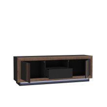 Lowboard >SAVONA< 2 Türen, Schlameiche / Schwarz Glanz - 162,7x56,2x42,3cm (B/H/T)