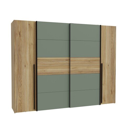 Dreh-/Schwebetürenschrank >NARAGO< 10 Böden, 2 Stangen, Salbei / Eiche Dekor - 270,3x210,5x61,2cm (BxHxT)