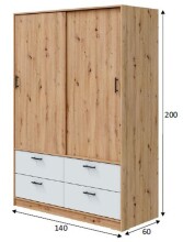 Kleiderschrank >ENZO< 4 Schubladen, 1 Stange, Eiche Dekor / Artik Weiß - 140x200x60 (BxHxT)