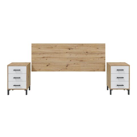 Bettrückwand >ENZO< Kopfteil, 2 Nachtkommoden, Eiche Dekor / Weiß - 160x60x2,5 (BxHxT)