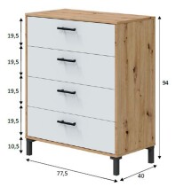 Hochkommode >ENZO< 4 Schubladen, Nodi Eiche Dekor / Artik Weiß - 77,5x94x40 (BxHxT)