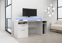 Schreibtisch >TEZAUR< LED-Beleuchtung, Ablage, Fächer, in Weiss  - 160x91x72cm (BxHxT)