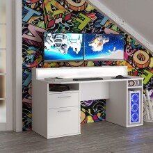 Schreibtisch >TEZAUR<  LED-Beleuchtung, Ablage, Fächer, in Weiss - 160x91x72cm (BxHxT)
