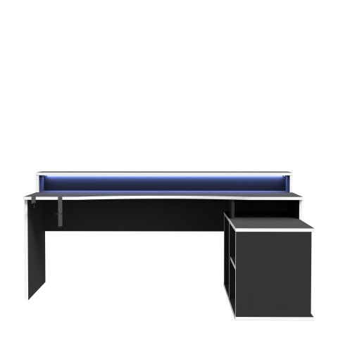 Eckschreibtisch >TEZAUR<  LED-Beleuchtung, Ablage, Weiss / Schwarz - 200x91,1x125,4cm (BxHxT)