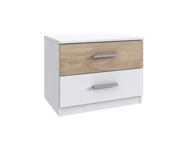 Nachtkommode >Budapest< 2 Schübe, Weiss / Hickory-Eiche-Dekor - 52x40x38cm (B/H/T)