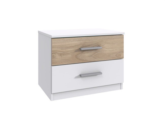 Nachtkommode >Budapest< 2 Schübe, Weiss / Hickory-Eiche-Dekor - 52x40x38cm (B/H/T)