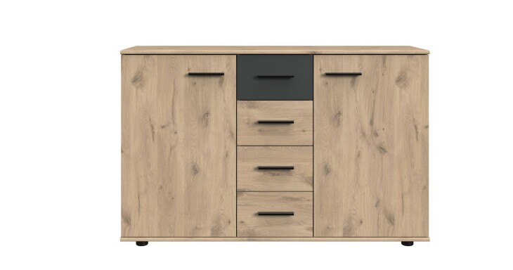 Kombikommode >Budapest< 2 Türen, 4 Schübe, Viking-oak-Dekor / Graphit - 130x83x41cm (B/H/T)