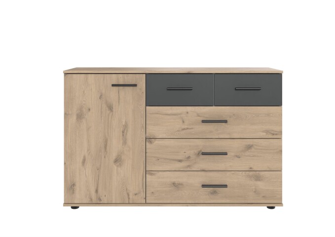 Kombikommode >Budapest< 1 Türen, 5 Schübe, Viking-oak-Dekor / Graphit - 130x83x41cm (B/H/T)